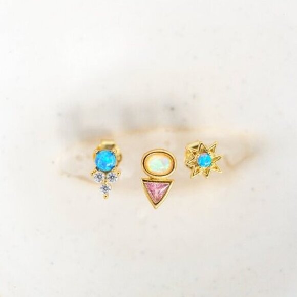 Tiny Stud Earrings Opal and Pink CZ Triangle Opal & Crystal Dainty Studs PRETTY - Picture 4 of 12
